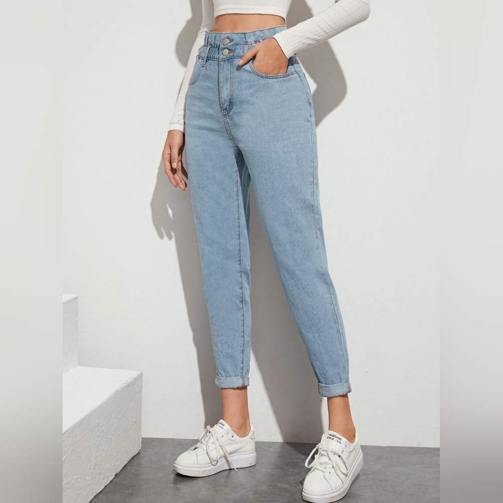 Light-Wash, High-Waisted, Paperbag Waist Jeans, Size L